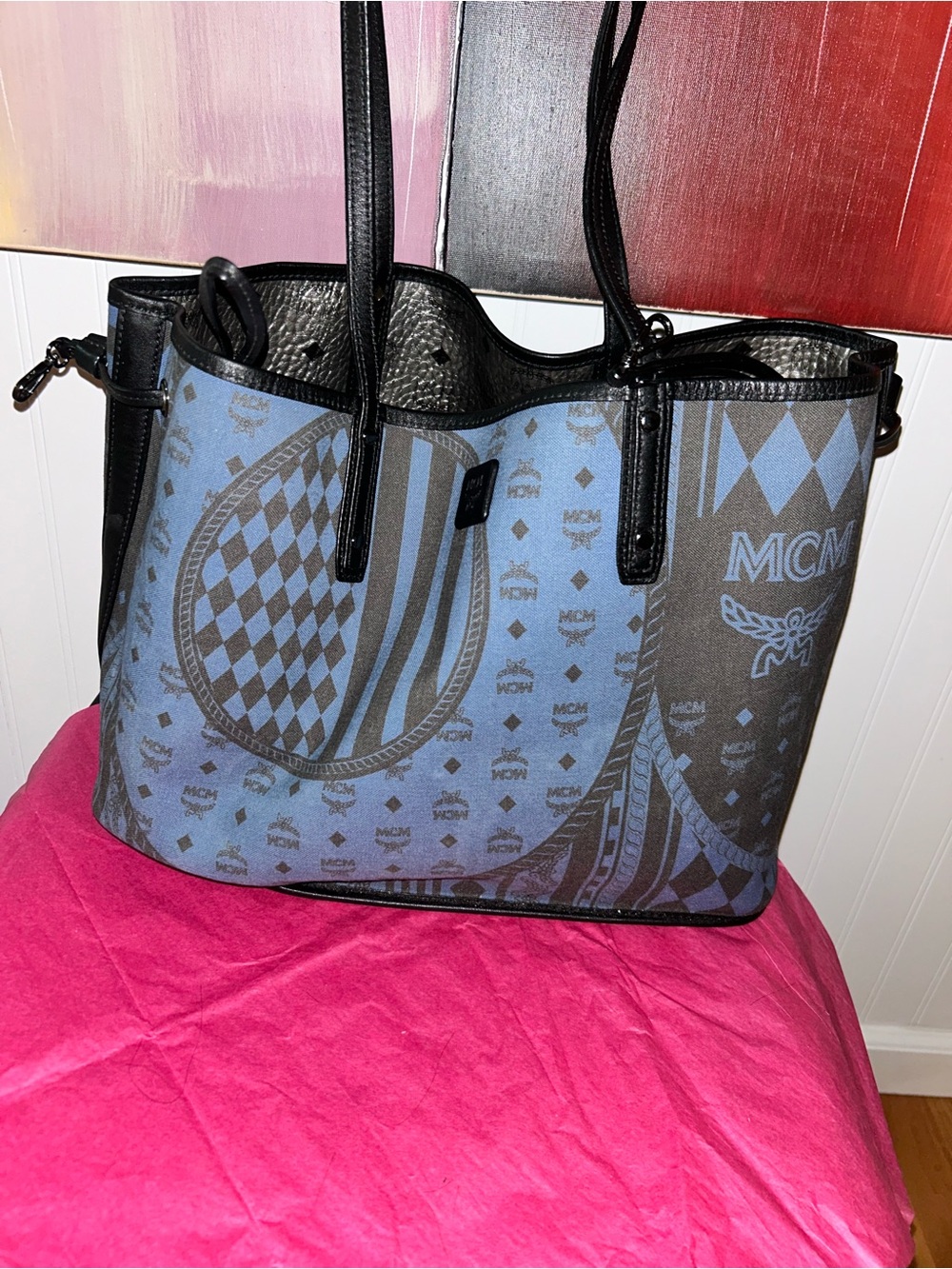 MCM Metallic Silver Tote with Black Trim - Picture 5 of 7
